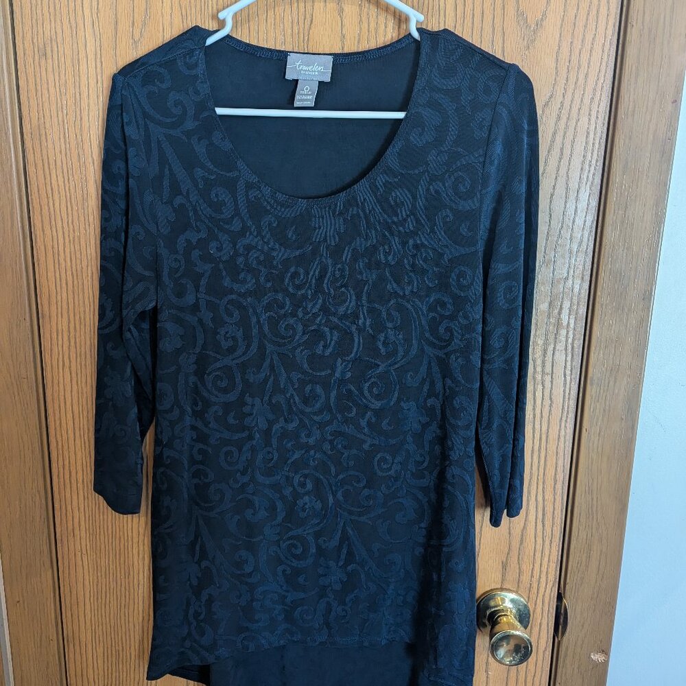 Chico's Traveler Tunic Stretch Navy Textured High/Low Hem Top-Women's‎ 0/Small